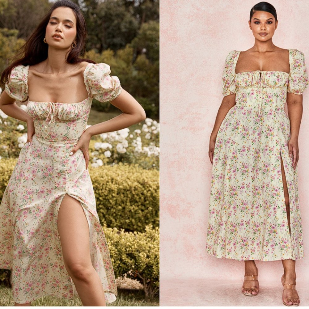 HOUSE OF CB 'Tallulah' Lemon Floral Puff Sleeve Midi Sundress NWOT - Picture 4 of 9